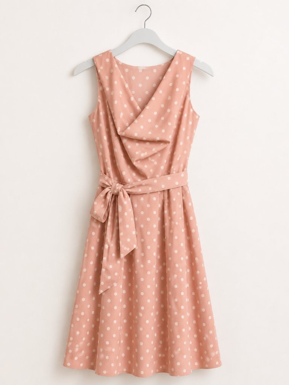 Blush Pink Polka Dot Sleeveless Fit & Flare Dress with Tie Waist